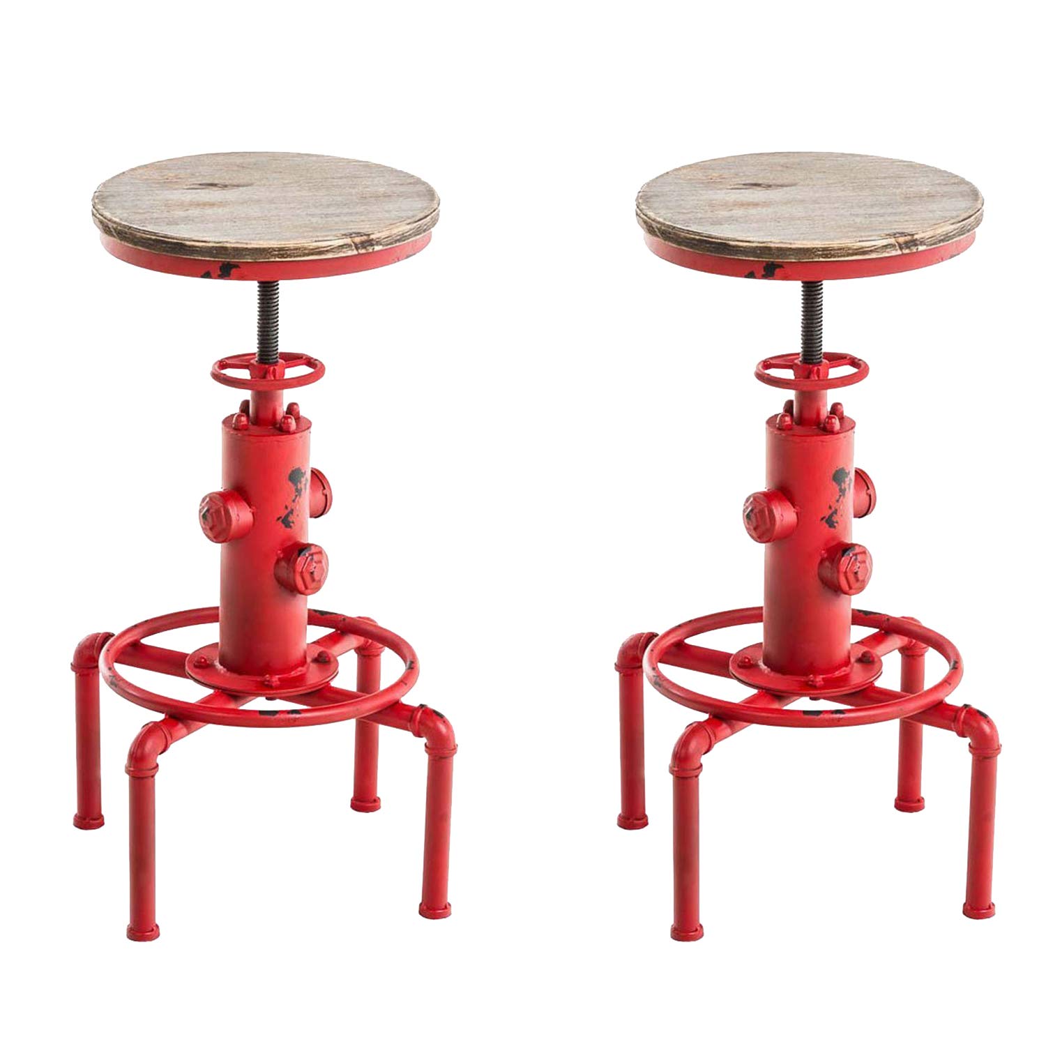 Topower American Antique Vintage Industrial Barstool Solid Wood Water Pipe Fire Hydrant Design Cafe Coffee Industrial Bar Stool Set of 2 (Antique Red, 2)