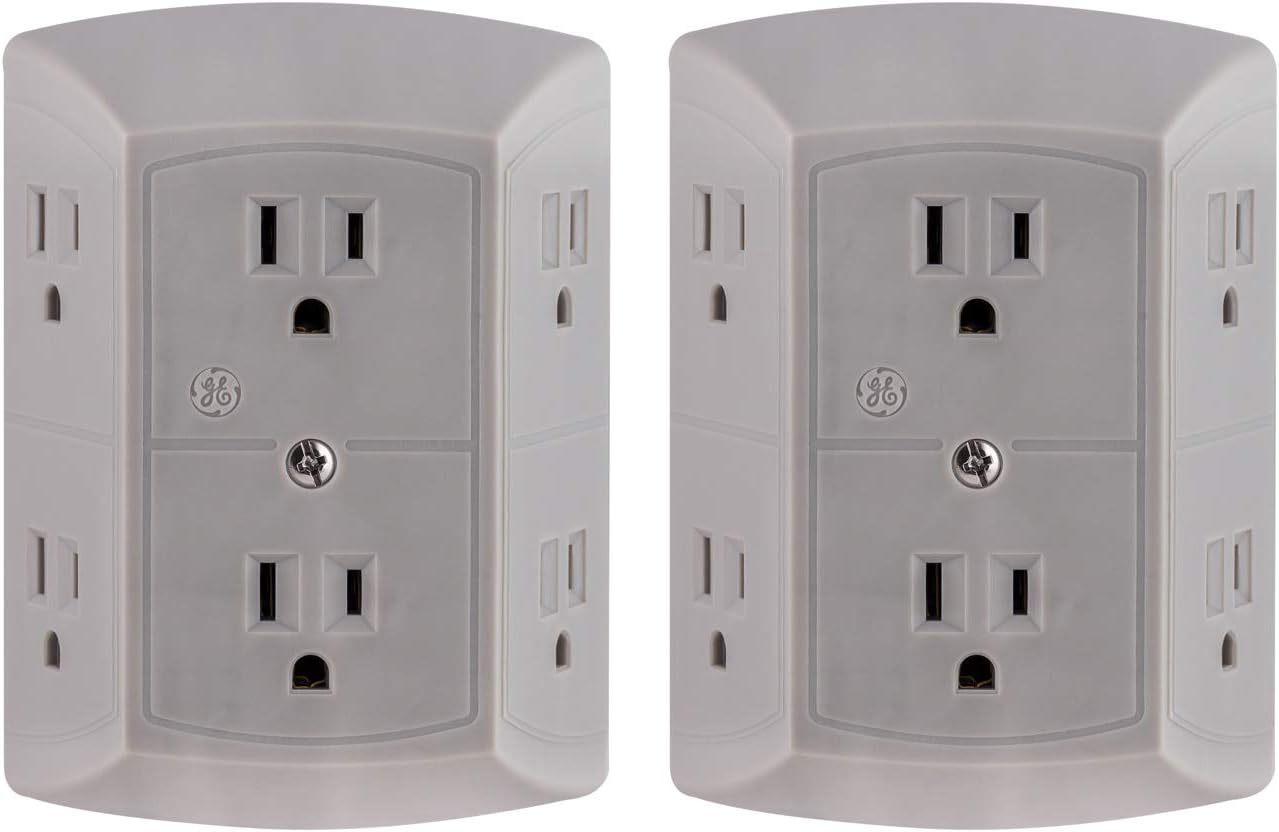 GE 6-Outlet Wall Tap, Reset Button, Circuit Breaker, Power Outlet Extender, Adapter Spaced Outlets, 3 Prong Plug, Grounded, UL Listed, White, 56575 - Electrical Multi Outlets - 