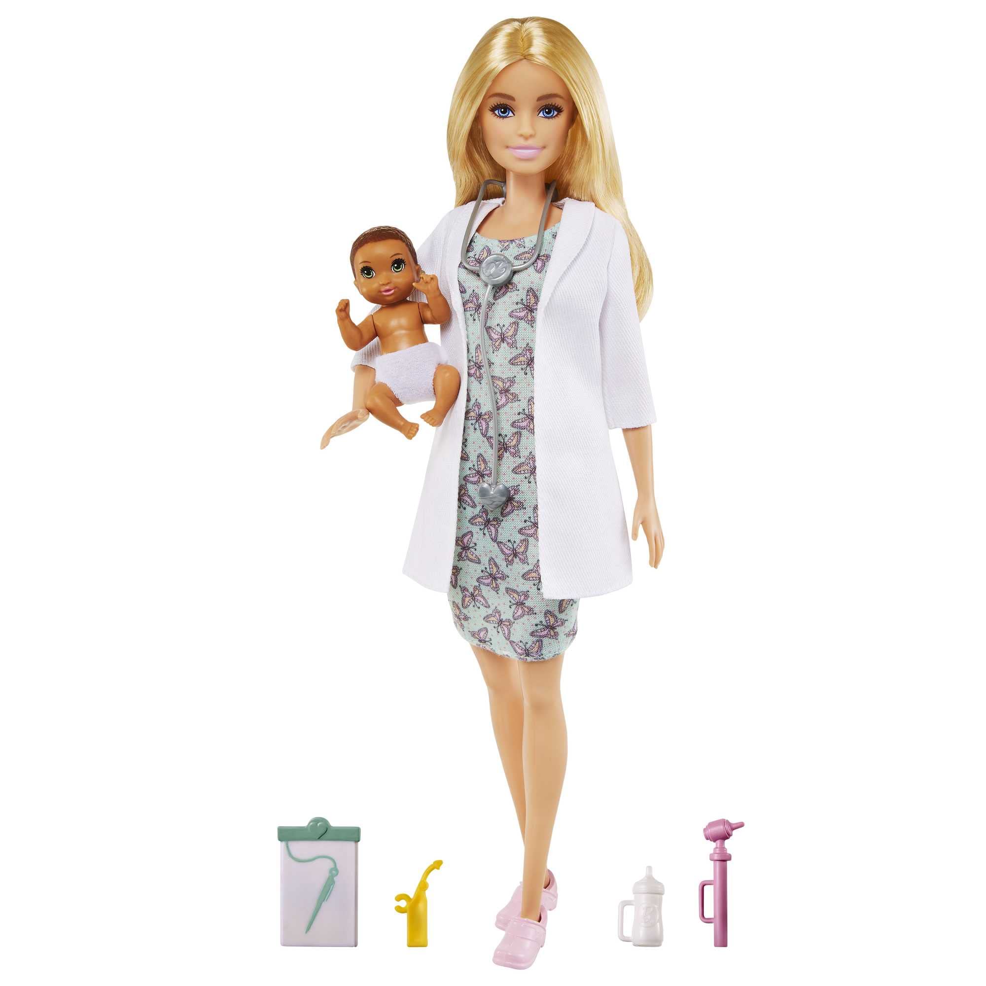 Barbie Baby Doctor Playset with Blonde Barbie Doll (12-in/30.40-cm), Infant Doll, Stethoscope, Thermometer, Oscilloscope, Chart, Blanket & Baby Bottle, Great Gift for Ages 3 Years Old & Up, GVK03