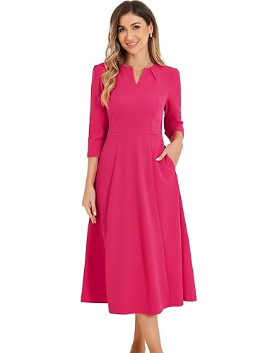 Allegra K Women's 3/4 Sleeve Dresses V Neck Elegant A-Line Work Business Formal Midi Dress with Pockets Medium Hot Pink in Dubai - UAE | Whizz Casual Allegra K Women's 3/4 Sleeve Dresses V Neck Elegant A-Line Work Business Formal Midi Dress with Pockets Medium Hot Pink in Dubai - UAE | Whizz Casual