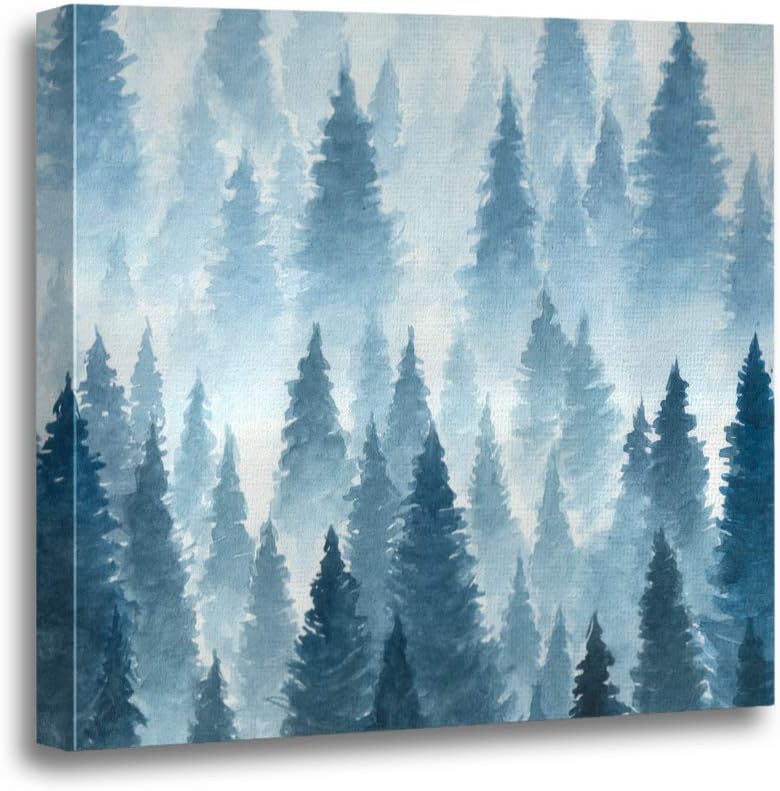 Ansouyi 12x12 Inches Canvas Wall Art Painting Painted Watercolor Landscape of Foggy Forest Winter Hill Wild Home Decorative Artwork Prints