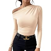 KOLAOYEP Womens Off The Shoulder Long Sleeve Top, Asymmetrical Neck Slim Fit One Shoulder Tops Going Out Fall Clothes
