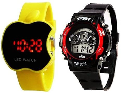 SS Analogue Digital 7 Colour Red Watch and LED Apple Shape Yellow Kids Watch