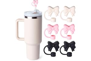 LINMAYA 6PCS Bow Straw Toppers, Cute Straws Covers for Stanley 30&40 Oz Tumbler with Handle, 10mm Dust-Proof Drinking Straw Dispensers Straw Topper Cap for Girls Kids (Black Bow)