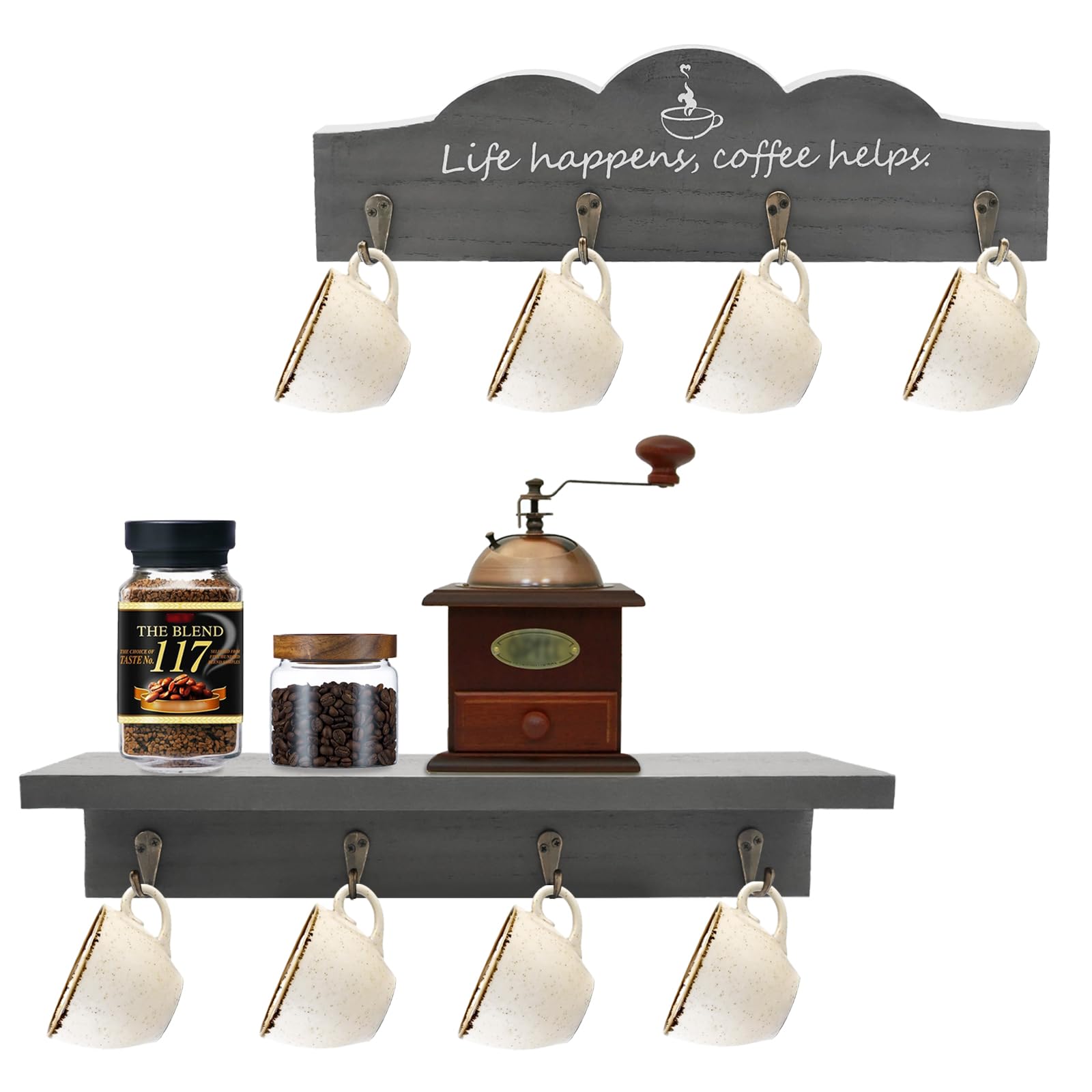 LYFJXX Coffee Cup Holder Wall Mount with 8 Hooks, 2 Pieces Wooden Coffee Cup Holder with Coffee Sign, Tea Cup Hanger for Bar, Kitchen Organiser Display, Coffee Corner Decor (Grey-2pcs)
