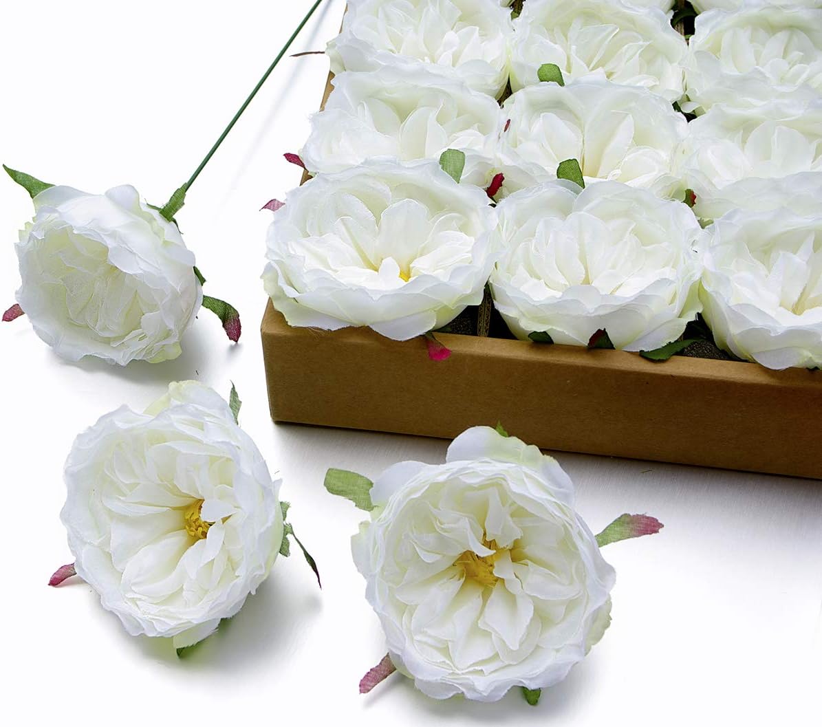 Lifelike & Big Silk Rose Heads with Wire Stems in Cream White, Faux Flowers for Home, Wedding Decor, 24 Pieces