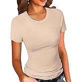 Ryaiwi Slim Fit Women Short Sleeve Shirt Crew Neck Fitted Tight Tee Shirt Basic Ribbed Knit Top Going Out Workout Outfits