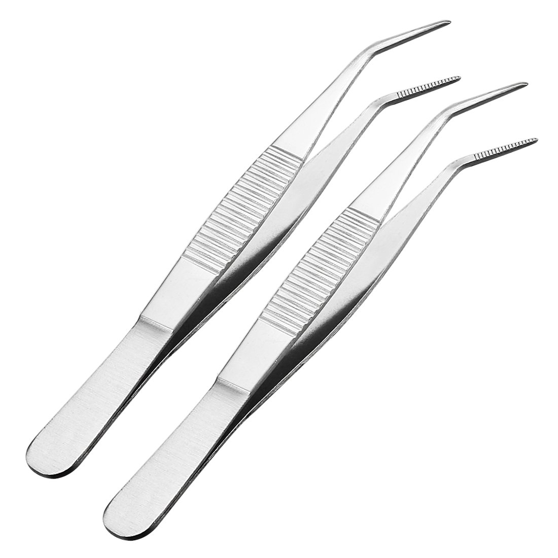 Sourcingmap 2 Pcs 5-Inch Stainless Steel Tweezers with Curved Pointed Serrated Tip