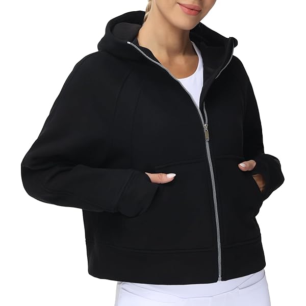 CRZ YOGA Womens Fleece Zip Up Cropped Hoodie Workout Jacket Athletic Casual Long Sleeve Sweatshirts with Thumb Holes zwart M