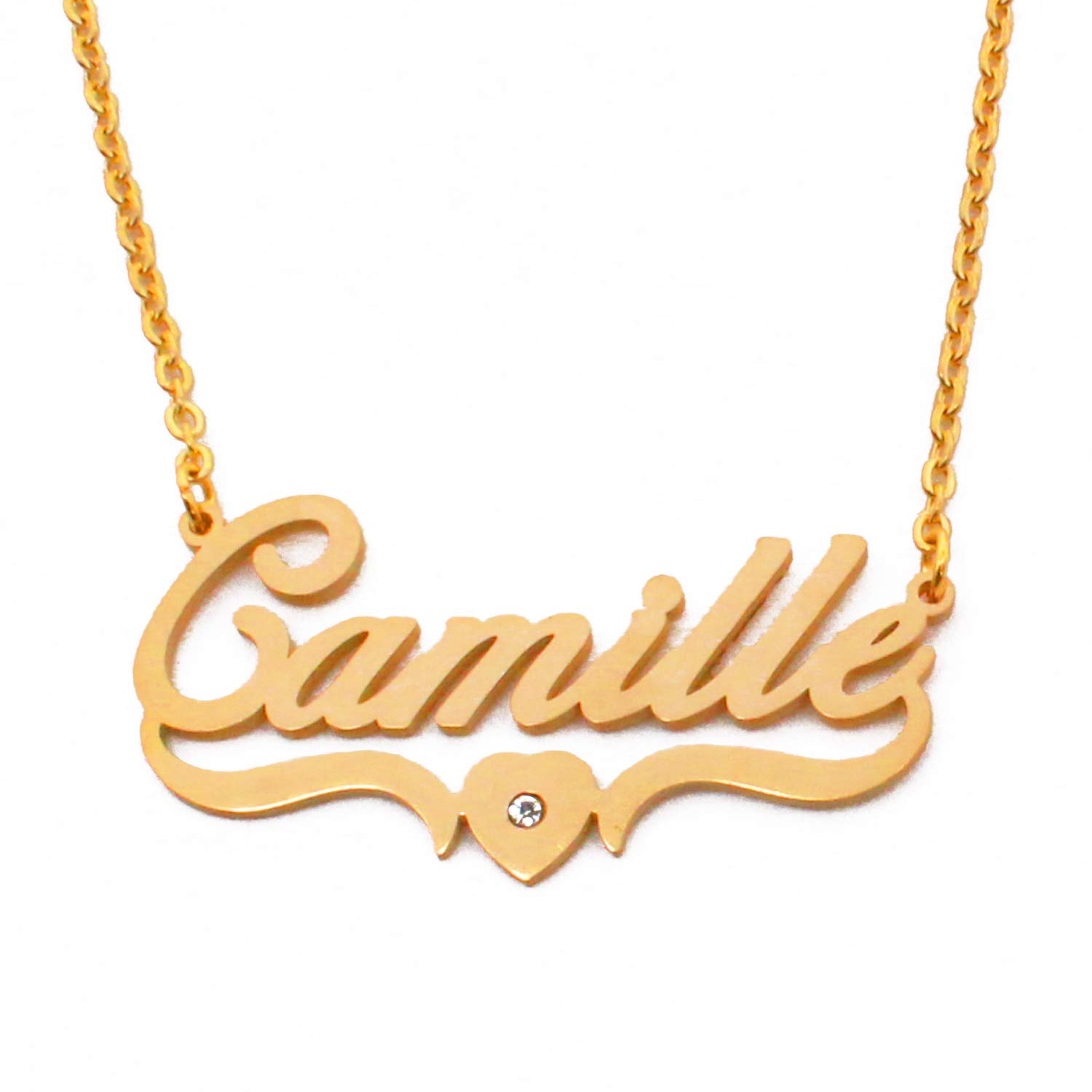 Kigu Camille Name Necklace Heart Shaped Personalised Gold Plated, Custom Dainty Name Pendants, Jewellery for Ladies, Girlfriend, Mother, Sister, Friends Inc Bag & Box