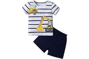 Infant Baby Boy Summer Clothes Toddler Short Sleeve Excavator Stripes Print T-Shirt Tops Shorts Set Outfits