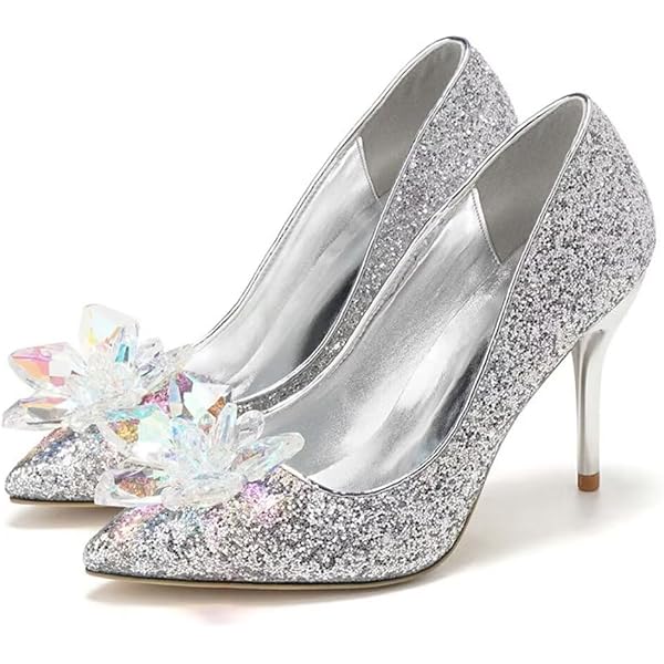 Amazon.com | Women's Glitter Crystal White Dress Shoes Pointed Closed Toe  Slip On Silver Heels 2.76 in Office Business Casual Pumps Silver 7cm 5.5