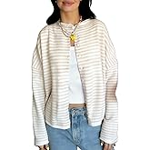 Women Striped Cardigan Button Down Long Sleeve Crewneck Crop Cardigans Sweater Cute Knitwear Fall Outerwear