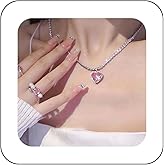 Allereyae Vintage Pink Crystal Heart Pendant Necklace Rhinestone Heart Necklace Silver Cz Tennis Chain Choker Necklace Sparkly Crystal Love Heart Choker Necklace Jewelry for Women