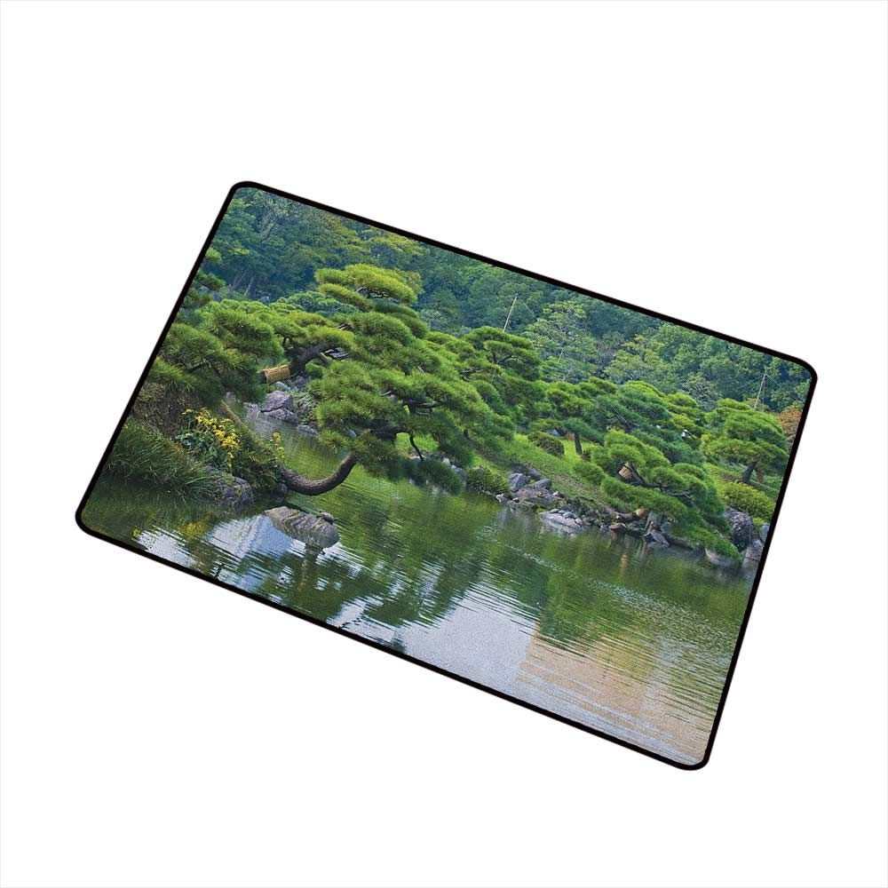 Wang Hai Chuan Japanese Universal Door mat River Landscape with Trees Flowers Stones Silence in Asian Natural Beauty Garden Theme Door mat Floor Decoration W15.7 x L23.6 Inch Green