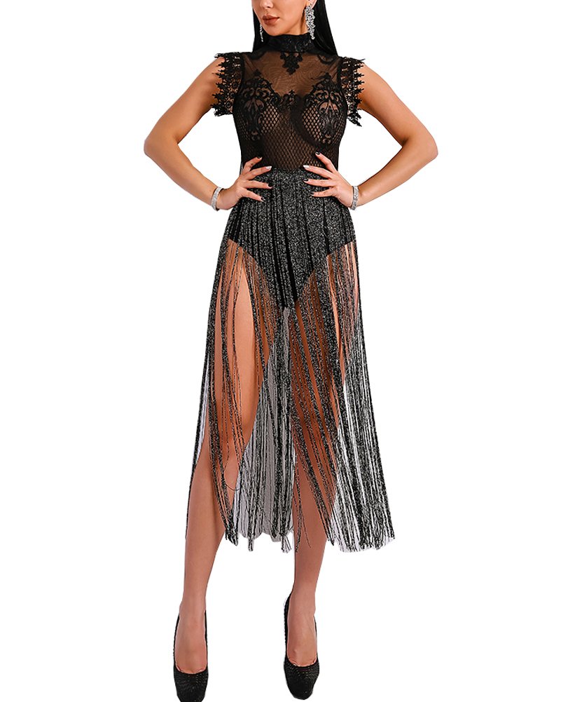 Women Sexy Halter Sequined Mesh Shiny Dress Deep V Low Cut See Through Glitter Sheath Dress 