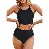 Herseas Women's Bikini Sets High Neck Tropical Leaf Print High Waisted Two Pieces Swimsuits Bathing Suits