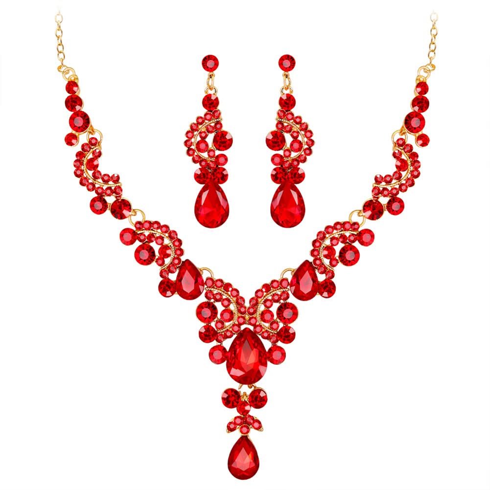 Wedity Bride Wedding Crystal Necklace Earrings Set Floral Choker Necklaces Teardrop Shape Jewelry for Women and Girls (Red)