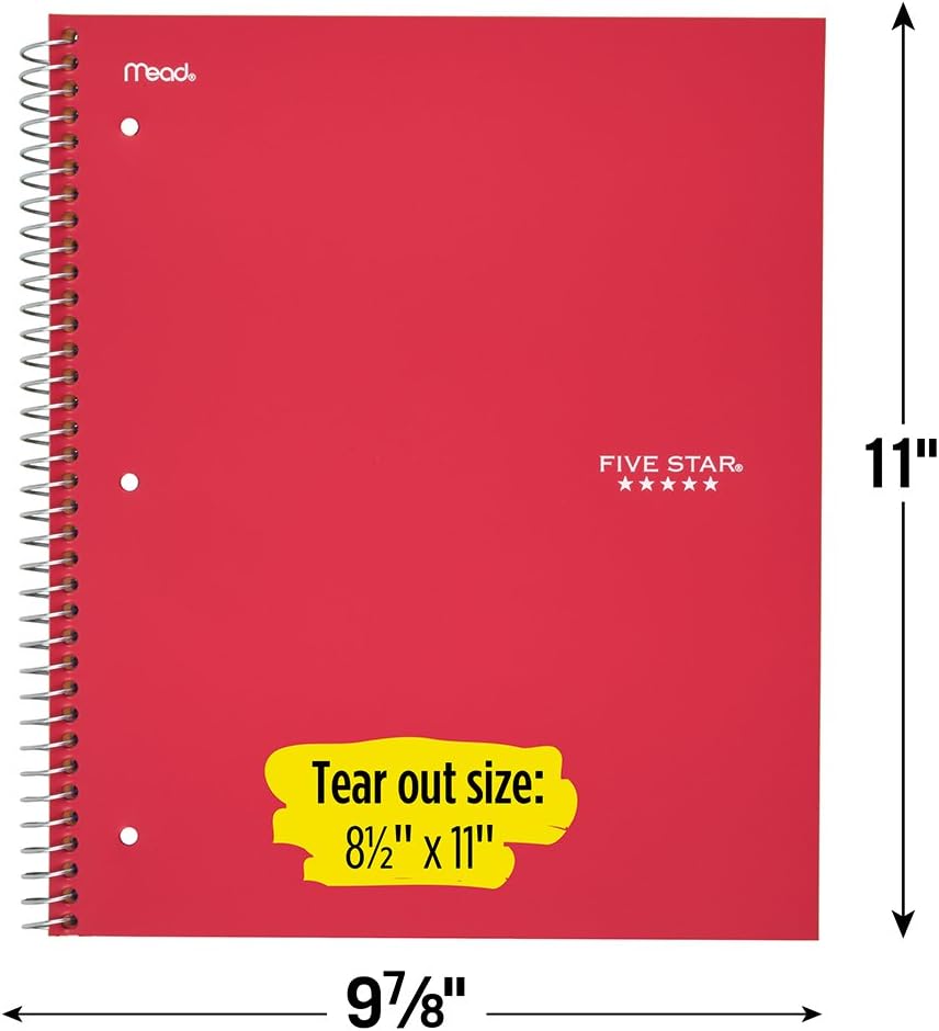 Five Star Spiral Notebook, 1 Subject, College Ruled Paper, 100 Sheets, 11" x 8-1/2", Red (72053) : Office Products