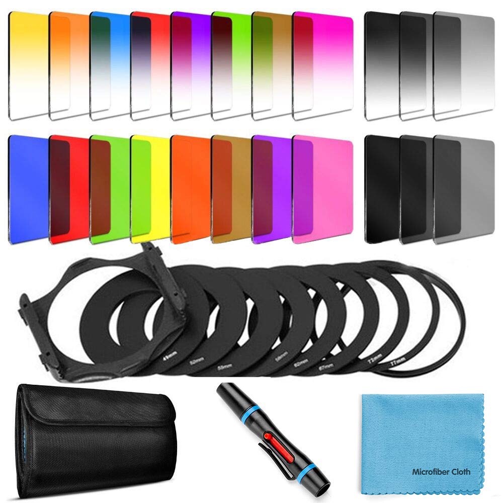 24 PCS Square Filter Kit ND Filters Graduated Full Color Lens Filter Set for Cokin P Series with Adapter Rings(49-82mm) Filter Holder Lens Cleaning Pen and Other Accessories for DSLR Cameras