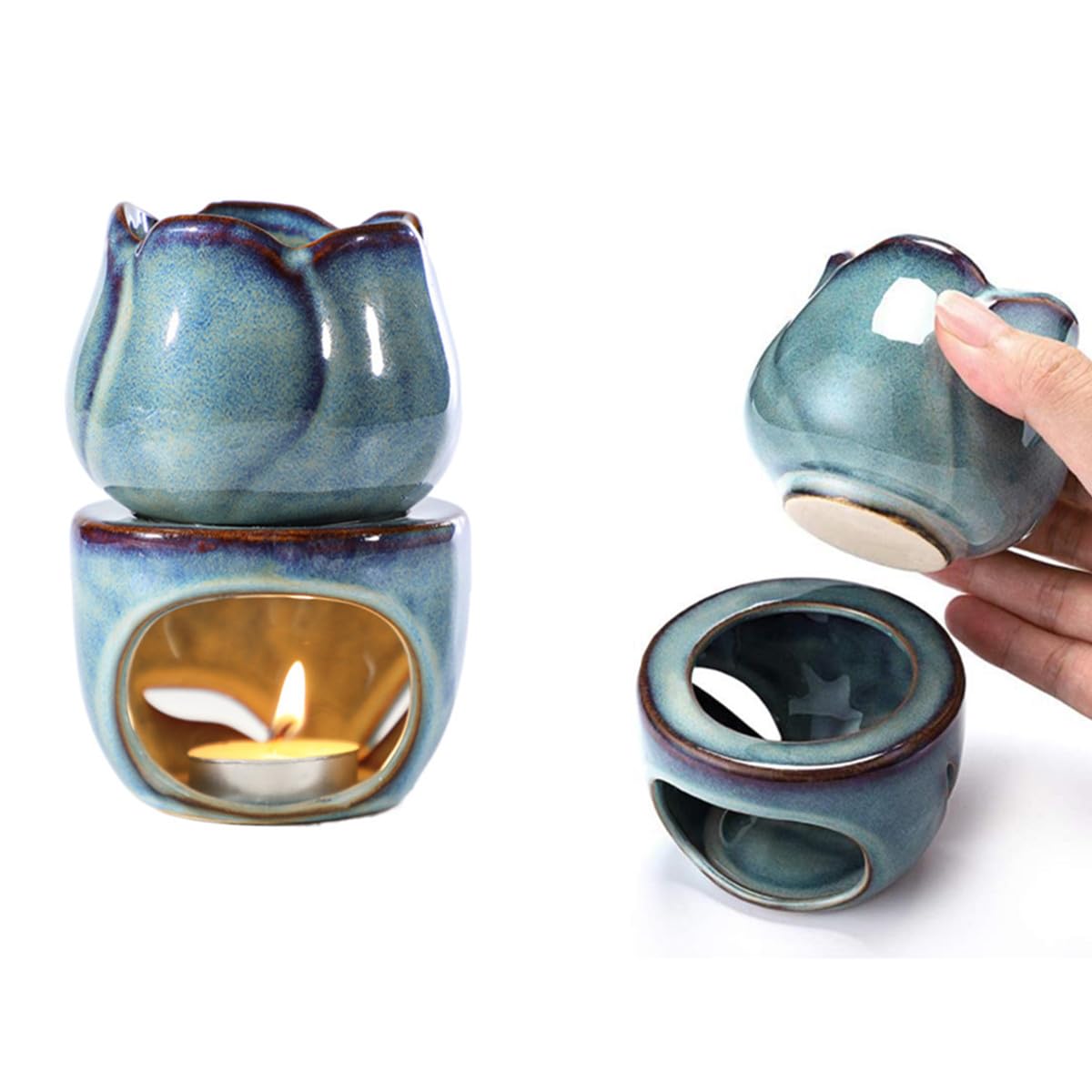 Photo 1 of RUITASA Fragrance Essential Oil Burner Tealight, 2PCS Tea Light Candle Wax Warmer, Lotus Candle Warmer Candle Tealight for Home Bedroom Decor Christmas Housewarming Gift(Blue)