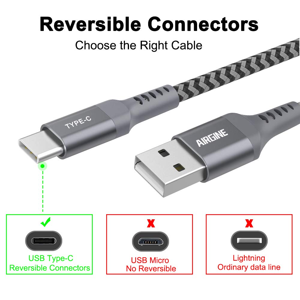 USB Type C Cable, AIRGINE Nylon Braided Fast Charging Cord (2Pack, 6.6ft, Grey) Compatible for Samsung Galaxy S9 Plus S8 Plus Note 9 and Other Type C Cable Design Devices