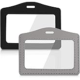 2 Pack Genuine Leather ID Badge Holders, Horizontal ID Card Holders with Dual-Side Clear Window, Waterproof Name Badge Holde Suit for Office, Staff, Students, Employees(Black&Gray)
