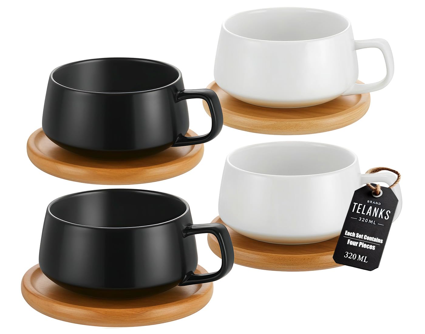 TELANKS Set of 4 Cappuccino Cups with Saucer, 300 ml Coffee Cups, Espresso Cups Made of Stoneware for Tea, Coffee, Cappuccino, Coffee Cups with Wooden Disc, Black and White
