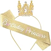 Birthday Princess Sash for Women Tiara & Crowns Headbands for Girls Happy Birthday Party Accessories Favor Supllies Leona Pink Gold, 2 Pack