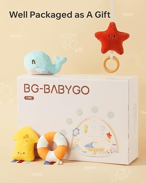 BG-BABYGO BABY PLAY GYM ACTIVITY MAT, 5 DEVELOPMENTAL ZONES WOODEN TUMMY TIME MAT WITH 7 DETACHABLE SENSORY TOYS FOR MOTOR SKILLS & SENSORY DEVELOPMENT, BABY ESSENTIALS SHOWER GIFT, EASY TO INSTALL