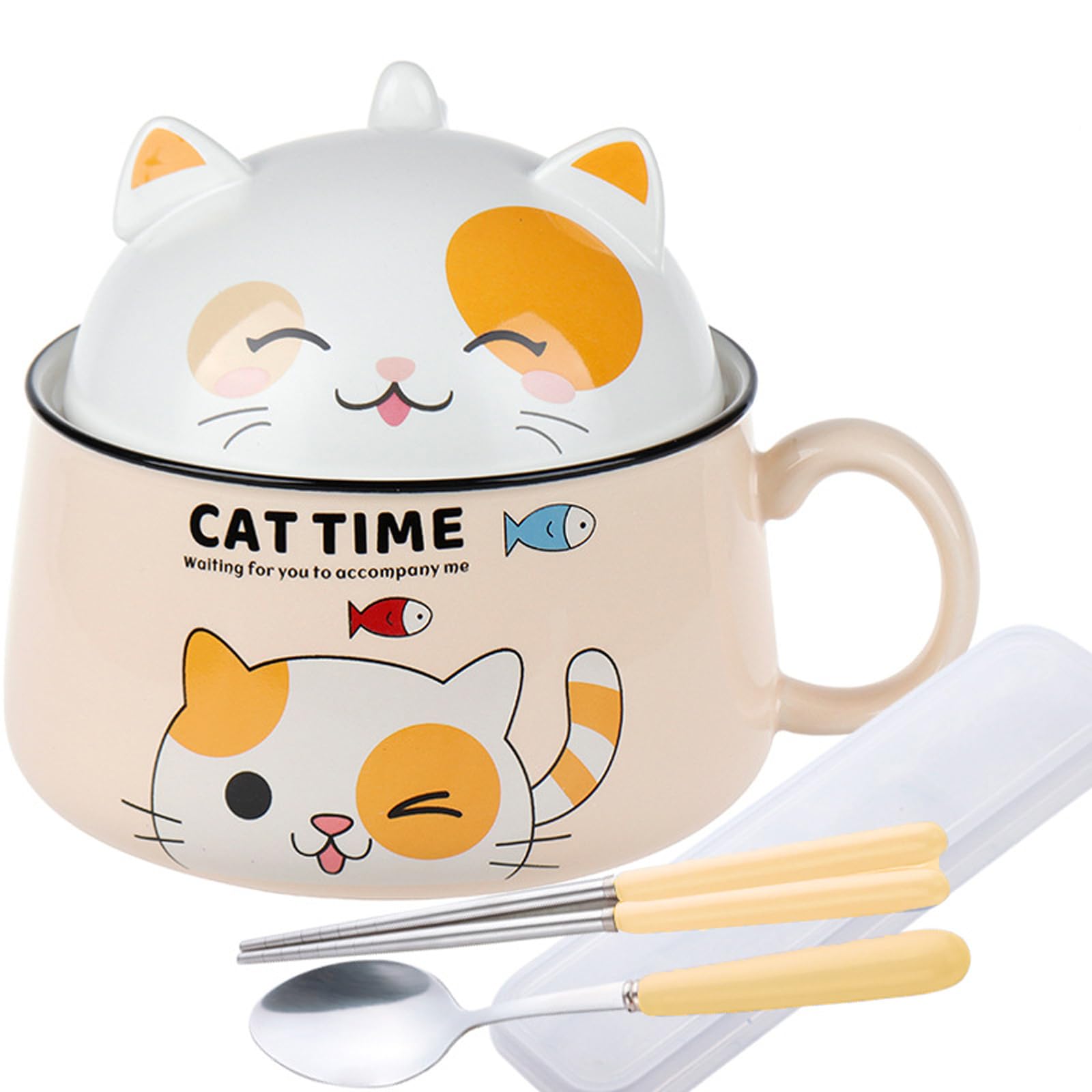 DYOUen Ramen Bowl with Handle and Lid Ceramic Instant Noodle Instant Noodles for Soup, Salad Cereal (Yellow)