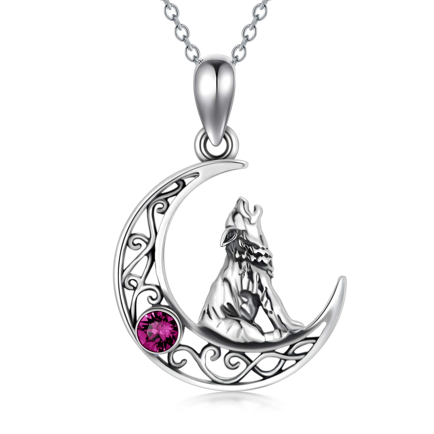 AOBOCO Sterling Silver Crescent Wolf Pendant Necklace, Wolf Jewellery Gifts for Women Her (Simulated Amethyst)