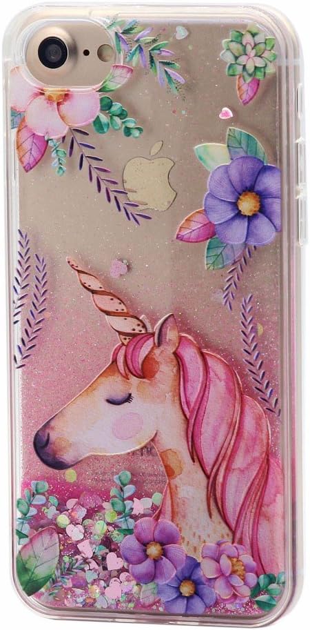 Keyihan iPhone 8 Plus / 7 Plus Case for Girl Cute Pink Glitter Dynamic Flowing Liquid Quicksand Soft Edge Cover Floating Bling Sparkle Love Heart for Apple iPhone 7 Plus (Unicorn and Flower 2#)