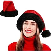 Wgudzpj Christmas Hats for Adults Plush Red Black Santa Hat Xmas Fluffy Santa Claus Hat for Women Men