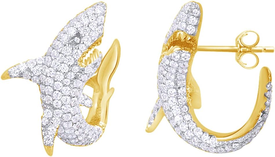 Round Cut White Cubic Zirconia Shark Stud Earrings in 18CT Gold Over Sterling Silver