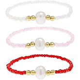Tyebiva Colorful Beaded Stack Bracelets Set for Women, 3Pcs Handmade Freshwater Pearl Gold Beads Stretch Bracelet Everyday Fashion Jewelry Gift.