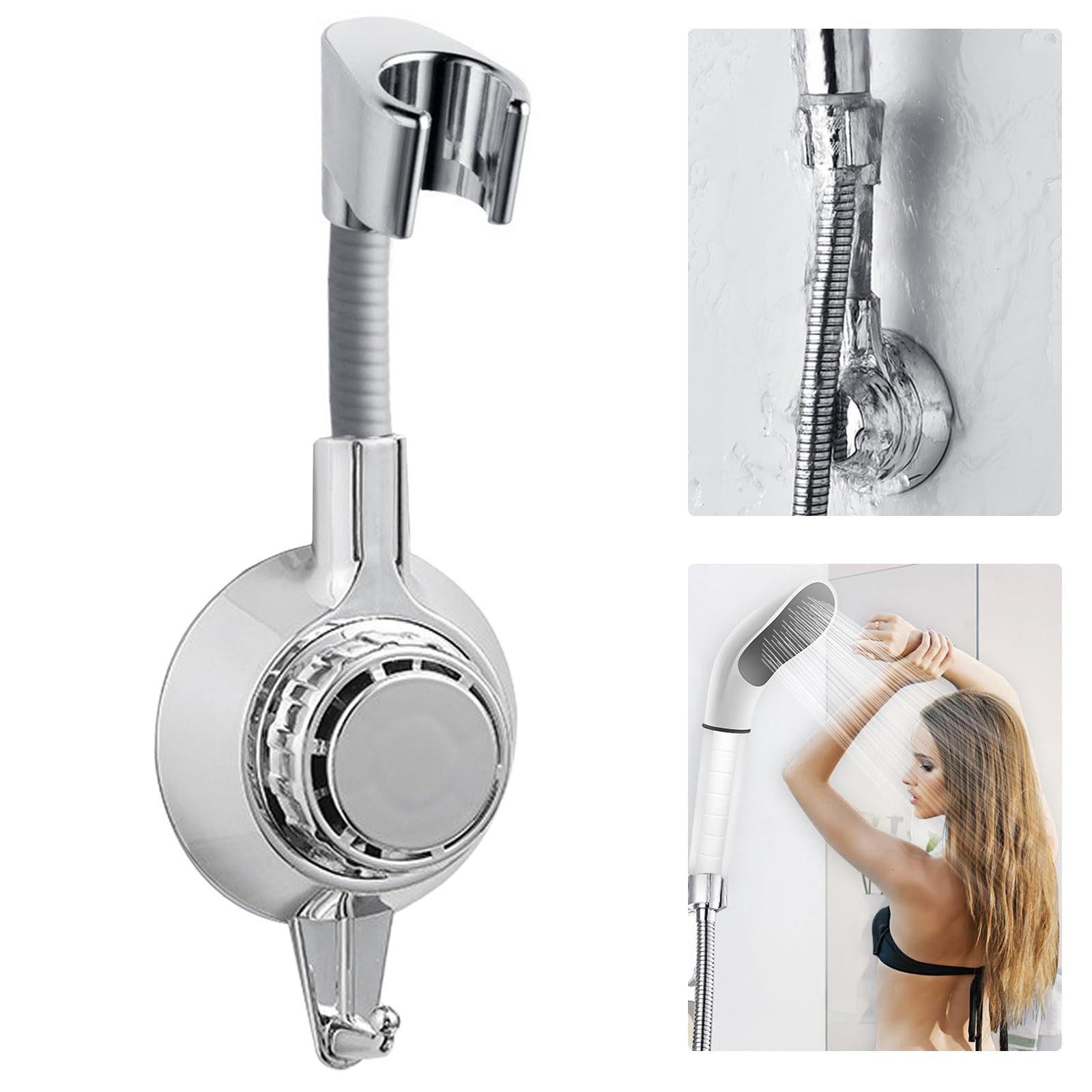Shower Head Showerhead Holder Bracket Suction Cup Wall Mount Adjustable Removable, 1 Pack Silver