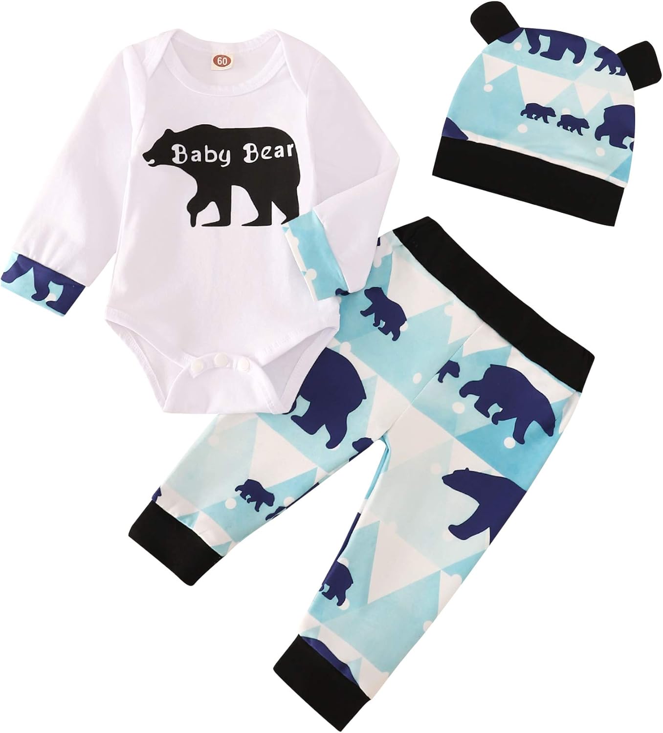 Newborn Baby Boys Girls Clothes Baby Bear Long Sleeve Bear Print Pants Outfit Sets + Hat