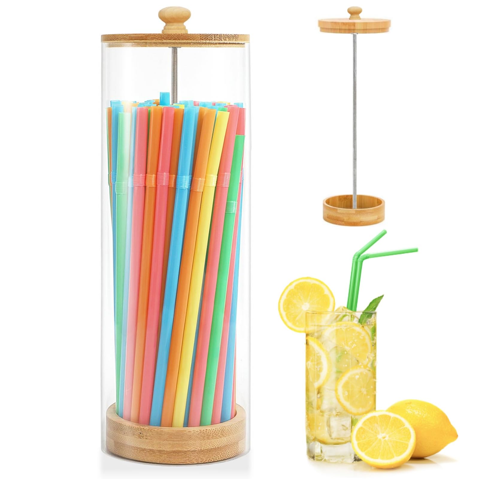 Photo 1 of **MISSING ASSEMBLY HARDWARE** ZAVOOS Straw Holder for Counter, 10 Inch Acrylic Straw Dispenser with 100 Colorful Straws Bamboo Lid, Reusable Transparent Drinking Straws Organizer Container for Kitchen Cabinet
