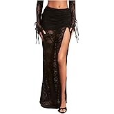 Verdusa Women's Floral Lace Long Skirt with Slit Sheer Low Rise Maxi Rave Flare Skirt