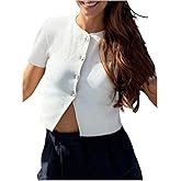 GORGLITTER Women's Short Sleeve Button Up Cropped Cardigan Crewneck Dressy Casual Sweater Fall Knit Tops