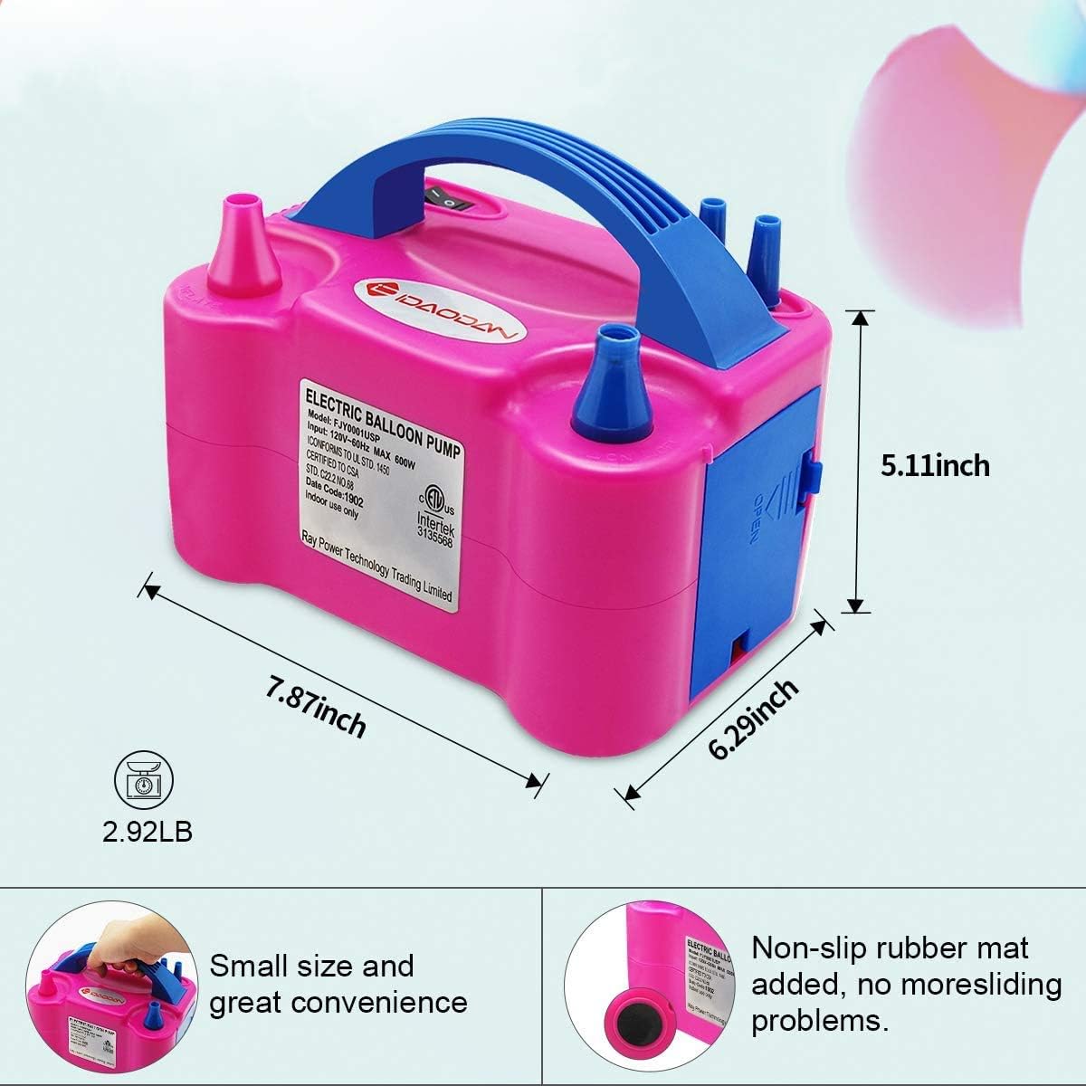 IDAODAN Portable Dual Nozzle Rose Red 110V 600W Electric Balloon Blower Pump/Electric Balloon Inflator For Decoration: Toys & Games