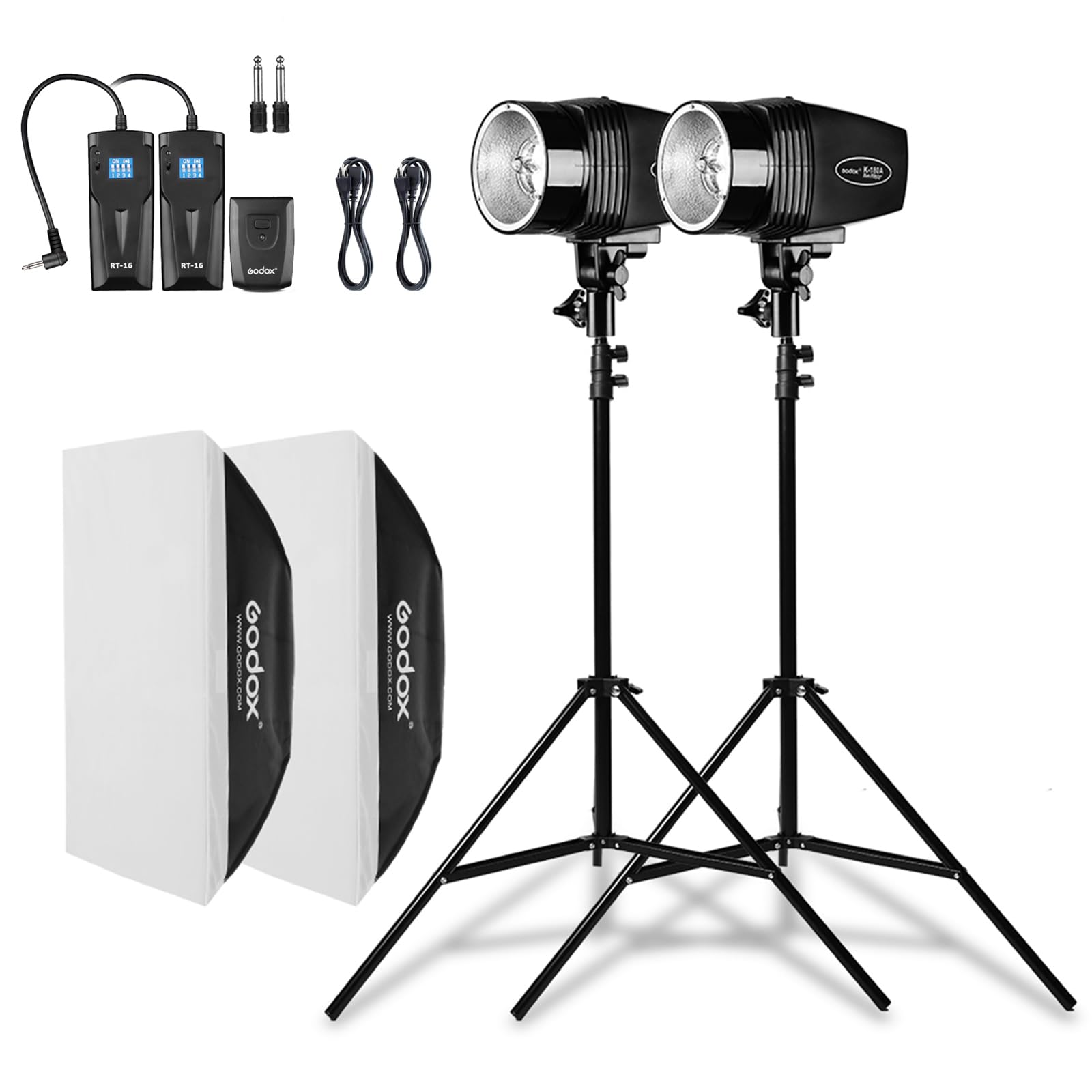 Photo 1 of Godox Professional Studio Flash Kit for Photography, Strobe Lights Softbox Lighting Kit, 2x180W 5600K Compact Monolights with Flash Trigger, Softbox, Light Stands