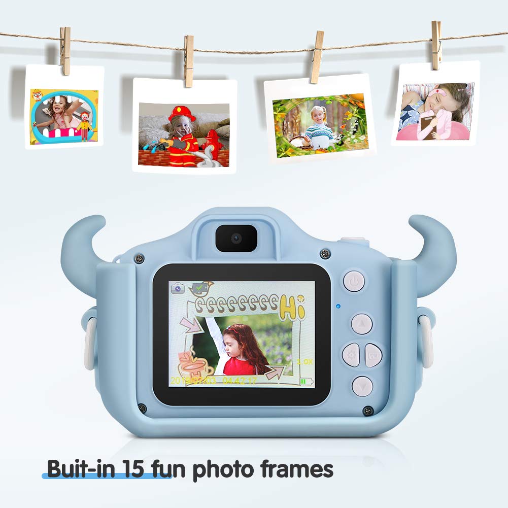 Enow Kids Camera, 16MP 1080P HD Child Digital Video Rechargeable Cameras Toys with Soft Silicone Shockproof Shell for Age 3-14 Boys Girls Outdoor Play, Mini Cartoon Blue (32GB Memory Card Included)