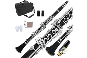WUQIMUSC Bb Clarinet for Beginners & Students – Professional B Flat Clarinet 17 Keys with Ebonite Body, Nickel-Plated Keys, 2 Barrels, Cleaning Cloth & Gloves, Carrying Case