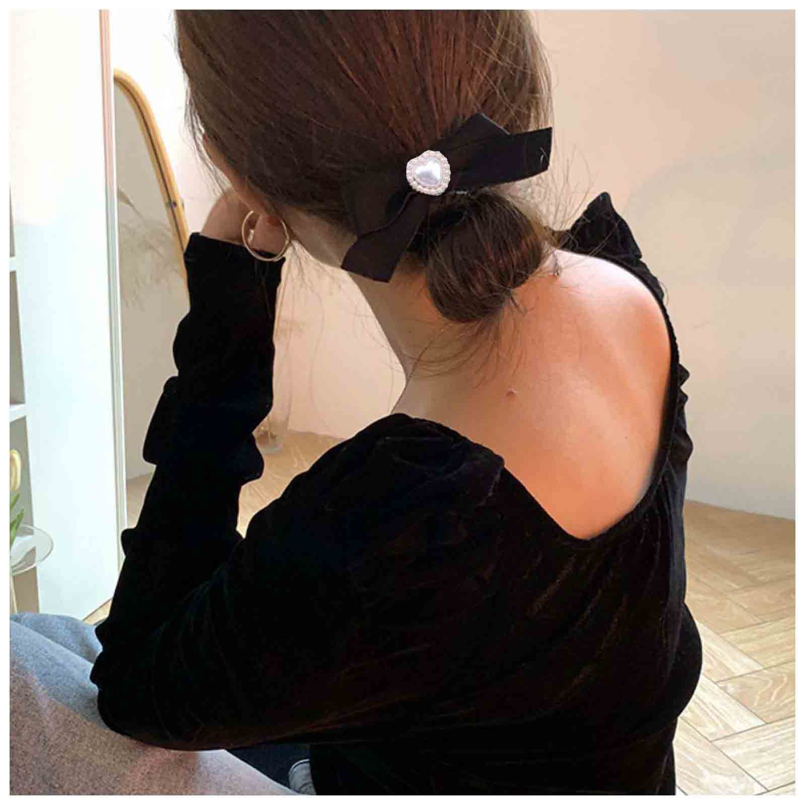Wendalern Velvet Bow Hair Clips Black Satin Ribbon Bow Clip Bow Pearl Ponytail Holder Clip Headpieces Long Tail Hair Bow Headwear Hair Accessories for Women and Girls Gifts