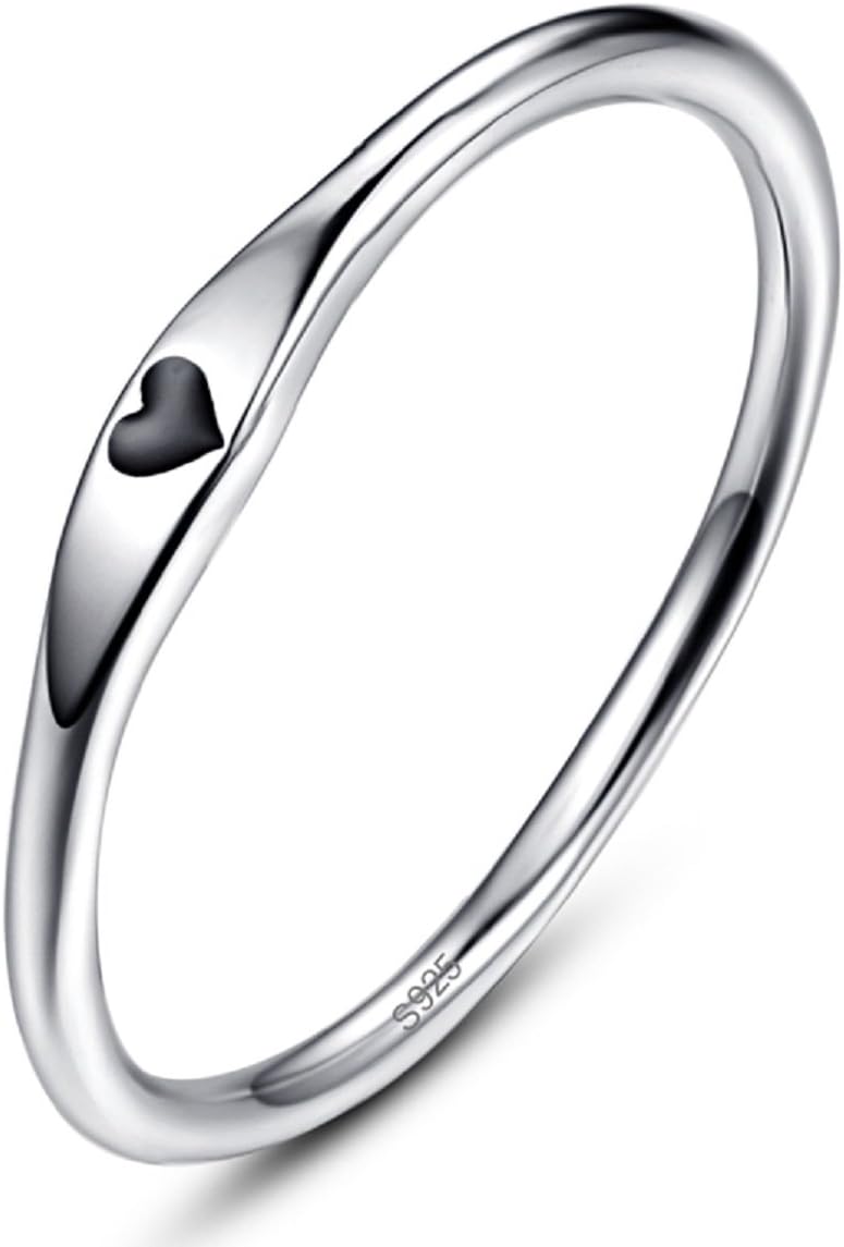 AVECON925 Sterling Silver Simple Carve Heart Wedding Band Stackable Promise Ring for Her Size 5-10
