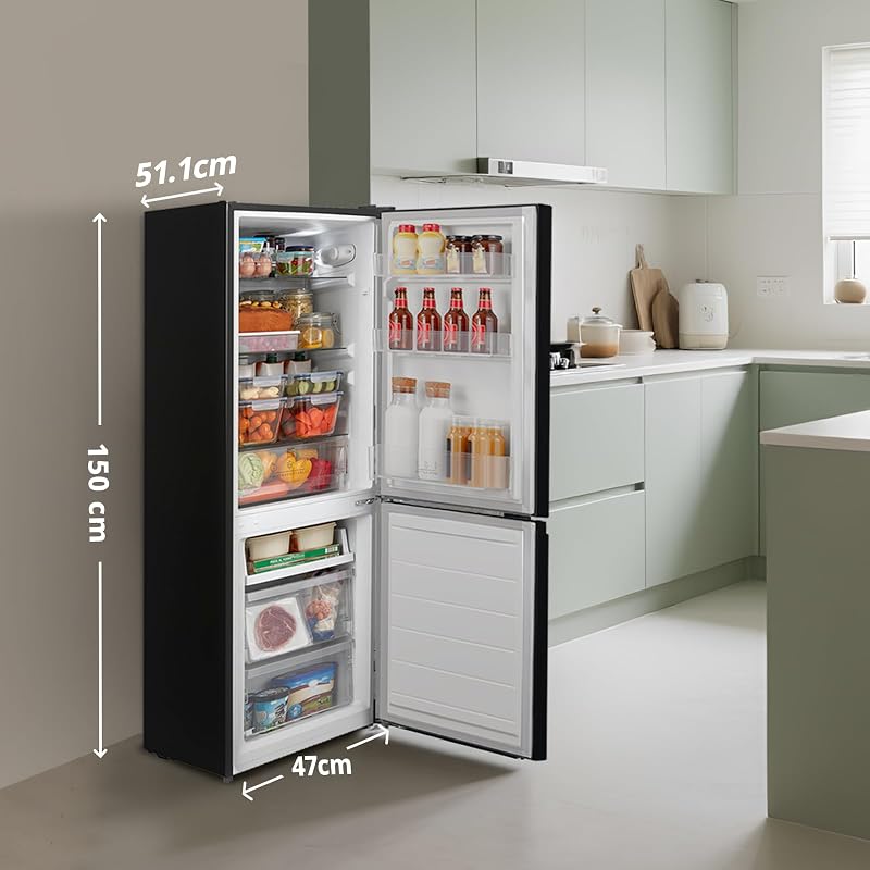 Comfee' rcb169dk2(e) geladeira com freezer/altura 150 cm/low frost/temperatura ajustável da geladeira/luz led/195 kwh/ano/geladeira 115l/freezer 59l/preto