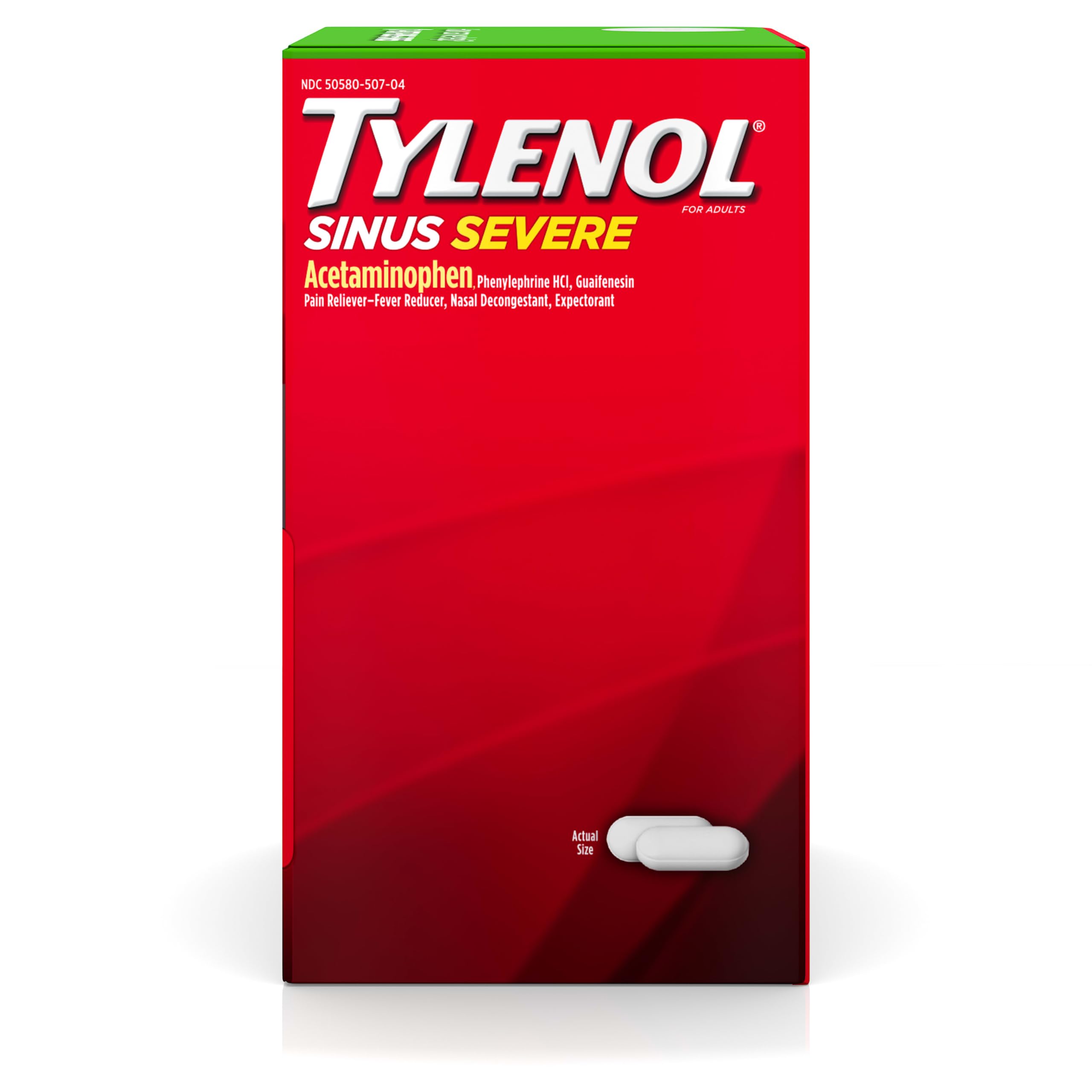 Tylenol Sinus Severe Daytime Caplets with Acetaminophen 325mg, Guaifenesin 200mg & Phenylephrine HCl 5mg, Non-Drowsy Pain Reliever, Expectorant & Nasal Decongestant, 50 Travel Packs of 2 ct