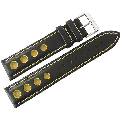 EULIT 22mm German Black and Yellow GT Racing Rallye Rally Leather Watch Strap